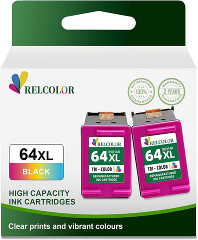 Relcolor 64XL Color Ink Cartridge Replacement for HP Ink 64 XL HP64 HP64XL Compatible with Envy 7855 7155 7858 7800 7100 6255 6252 6232 7120 7158 7164 7955e 7900e Tango Ink Printer (2 Tricolor)