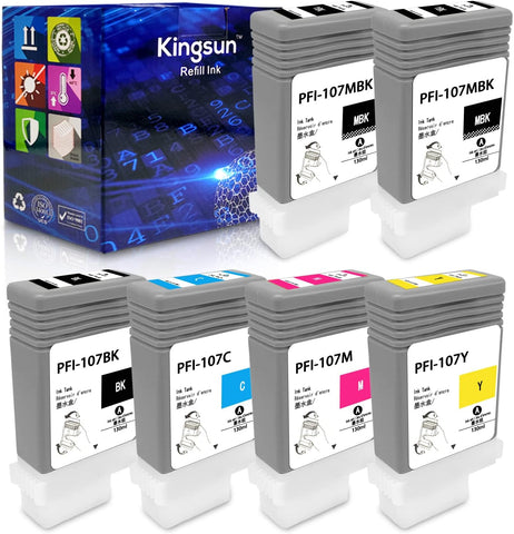 PFI107 Compatible Ink Cartridge Pigment Replacement for Canon PFI107 PFI-107 IPF6705B001 iPF670 iPF680 iPF685 iPF780 iPF770 iPF785 (2MBK, 1BK, C, M, Y) 6 Pack