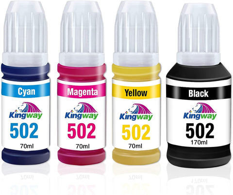 KINGWAY 502 Ink Bottles(Not Sublimation Ink), Replacement for Epson 502 T502 Use with Ecotank ET-2850 / ET-3850 / ET-4850 / ET-2760 ET-4760 / ET-3760 / ET-3760 / ET-3830 / ET-2750 Printer, 4-Pack