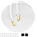 CAT7 Shielded Ethernet Cable with Barrier-Free RJ45 Connector for modems, routers, LAN, Computers White Flat Network Cable high Speed Cable Distribution Cable Clips (25FT)