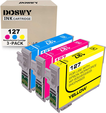 Doswy 3 Packs T127 Remanufacture Ink Cartridge Replacement for Epson 127 T127 use for Workforce 545 845 645 WF-3540 WF-3520 WF-7010 WF-7510 WF-7520 NX530 NX625 Printer (1 Cyan,1 Magenta,1 Yellow)