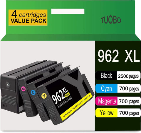 Tuobo 962XL Combo Pack Compatible with HP 962 962XL High Yield, Compatible with Officejet Pro 9010 9015 9025 9012 9018 9020 9013 9016 9019 Printer(1 Black,1 Cyan,1 Magenta,1 Yellow)