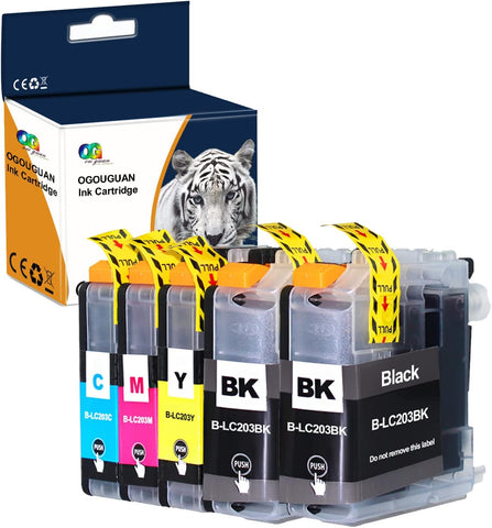 Tyjtyrjty 5 PK Compatible Ink Cartridges for Brother LC203 LC-203 for Multifunction Printers MFC-J4320DW, MFC-J4420DW, MFC-J4620DW, MFC-J5620DW, MFC-J5720DW(2 Black, 1 Yellow, 1 Magenta, 1 Cyan,5PK)