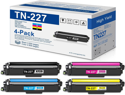 4-Pack(1BK+1C+1M+1Y) TN227 High Yield Toner Cartridge Replacement for Brother TN 227 TN-227 HL-L3290CDW HL-L3210CW HL-3230CDW MFC-L3750CDW MFC-L3710CW DCP-L3510CDW Color Printer