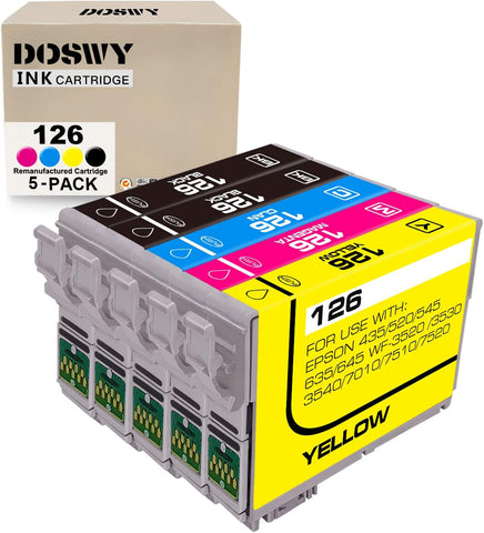 Doswy 5 Pack T126 Remanufacture Ink Cartridge Replacement for Epson 126 T126 for Workforce 435 520 545 635 645 845 WF-3520 WF-3530 WF-3540 WF-7010 WF-7510 WF-7520 (2 Black 1 Cyan 1 Magenta 1 Yellow)