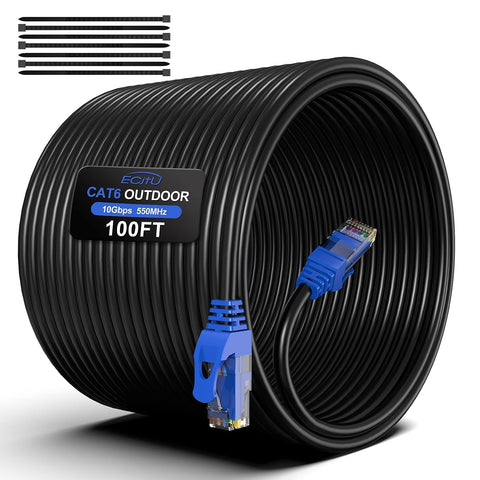 100FT Cat6 Outdoor Ethernet Cable, In-Ground, Heavy Duty Direct Burial, 24AWG CCA Patch Cord, POE, UTP, Waterproof, LLDPE UV Resistant, Network, Internet, LAN, Cat 6 Cable 100 Feet with 25 Cable Ties