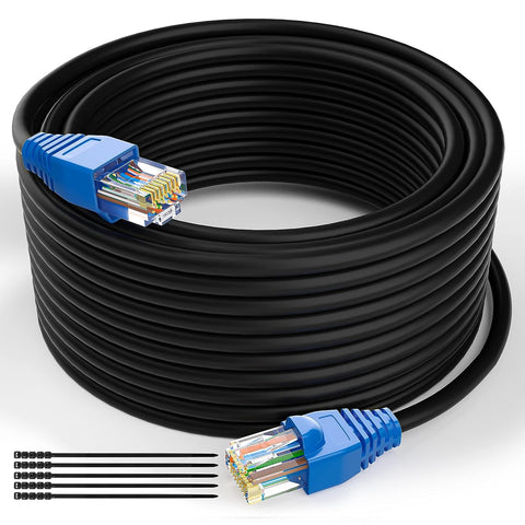 Cat6 Outdoor Ethernet Cable 300 Feet, Cat 6 Heavy Duty Internet Cord, Waterproof, Direct Burial, in Wall, POE, Network, Indoor, PVC & LLDPE UV Double Jackets, Supports Cat6 Cat5e Cat5 with 25 Ties