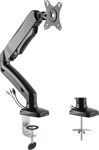 Rocelco Premium Desk Computer Monitor Mount with USB 2.0 and Audio Port - Fits Single 13" - 27" LED LCD Flat Screen - Pneumatic Full Motion Assist Adjustable Arm - Grommet and C Clamp - Black (R MA1)