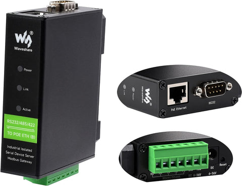 Industrial Isolated Rail-Mount RS232/485/422 Serial Server, RS232/485/422 to RJ45 Ethernet Module with POE Function, TCP/IP to Serial Converter, Multi Communication Modes, Modbus Gateway Support
