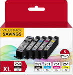 PGI-250XL CLI-251XL 5 Color Pack Compatible Replacement for Canon 250 251 Ink Cartridge to use with PIXMA MX922 MX920 IX6820 IP8720 MG5420 MG5520 MG6620 Printer (PGBK, Black, Cyan, Magenta, Yellow)