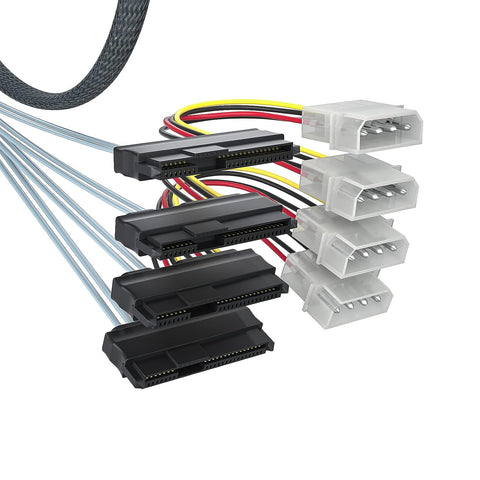 12GInternal Mini-SAS HD SFF-8643 to (4) 29Pin SAS (SFF-8482) Fan-Out SAS Cable with IDE Molex 4Pin SATA Power, 100-Ohm, 0.75-Meter(2.46-ft)