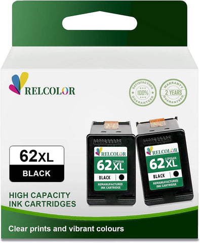 Relcolor High Yield 62XL Ink Cartridge Replacement for HP Ink 62 XL for Envy 5540 5640 5660 7640 7644 7645 OfficeJet 200 250 5740 5745 8040 Printer HP62 Black Combo HP62XL Blk 2 Pack