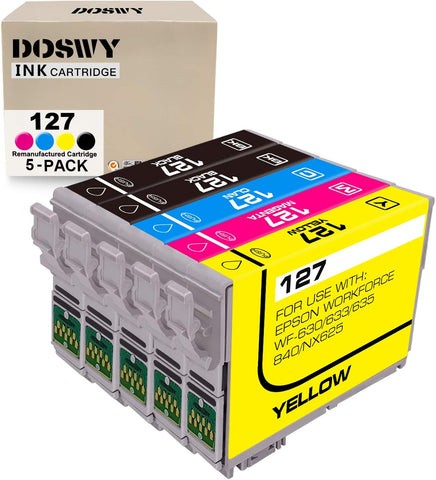 Doswy 5 Packs T127 Remanufacture Ink Cartridge Replacement for Epson 127 T127 use for Workforce 545 845 645 WF-3540 WF-3520 WF-7010 WF-7510 WF-7520 NX530 NX625 (2 Black 1 Cyan 1 Magenta 1 Yellow)