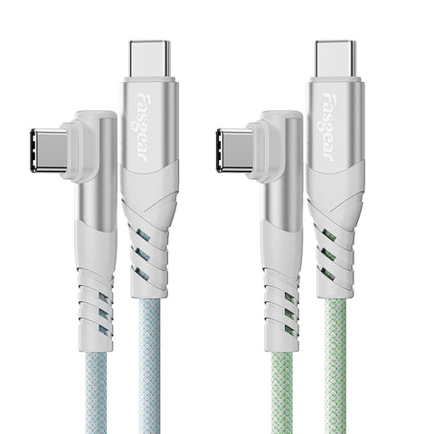 100W USB C to USB C Cable 2 Pack 6ft Fasgear USB 2.0 Type C to Type C PD Cable 5A Fast Charging Right Angle Compatible with Mac-Book Pro 2021|Sam-sung Galaxy S22|HP EliteBook Folio G1/ 830 -Blue/Green