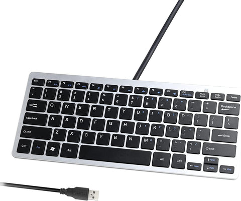 Powboro 2021 Upgraded PC Computer Laptop Mini USB Wired Keyboard for Mac and Windows 78 Scissor Keys Small Super Thin Compact Multimedia Keyboard (Silver+Black)