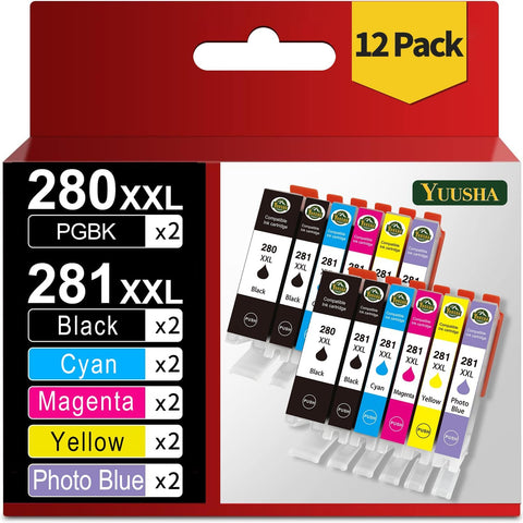 YUUSHA Compatible Ink Cartridge Replacement for Canon 280 281 XXL PGI-280XXL CLI-281XXL for TS9120 TS8120 TS8320 TS8220 TS8300 TS9120 TS 8100 Printer (12 Packs)