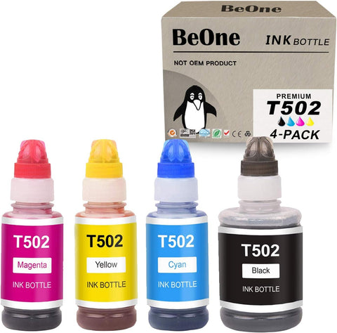 BeOne 502 T502 Ink Refill Bottles Compatible Replacement for Ecotank ET-2760 ET-3760 ET-4760 ET-2750 ET-3750 ET-4750 ET-2800 ET-2803 ET-2850 ET-15000 ST-2000 ST-3000 ST-4000 Printer (1B 1C 1M 1Y)