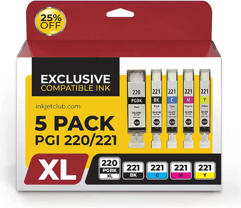 5 Pack - Canon PGi-220 and Cli-221 Ink Cartridge Value Pack. Includes 1 PGi-220 Black, 1 Cli-221 Black, 1 Cyan, 1 Magenta, and 1 Yellow Compatible Ink Cartridges.