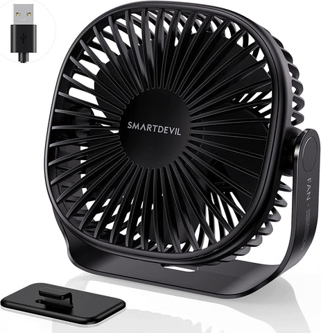 SmartDevil Small USB Desk Fan, 3 Speeds Portable Personal Desktop Table Fan with Pasteable Hook, Dual 360° Adjustment Mini Fan, Quiet Operation, for Home Office Car Outdoor Travel (Black)