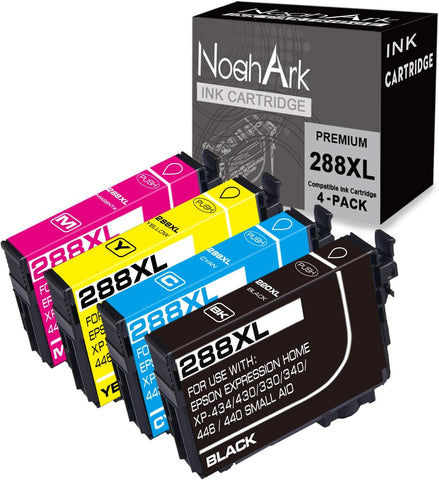 NoahArk 4 Packs 288XL Remanufacture Ink Cartridges Replacement for Epson 288 XL 288XL T288XL for Expression Home XP-430 XP-440 XP-330 XP-340 XP-434 XP-446 Printer (1 Black 1 Cyan 1 Magenta 1 Yellow)