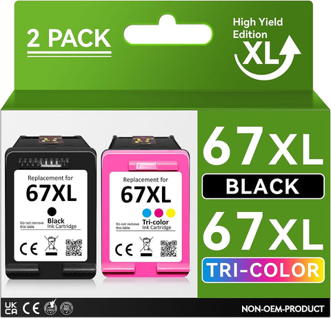 High Yield for HP 67 Ink Cartridge Replacement for HP 67 Ink Cartridges Black Color Combo Pack for HP Envy 6055e 6455e 6052 6055 DsekJet 2755e 2755 Plus 4155 4152 Envy Pro 6455 6485 Printer (2 Pack)