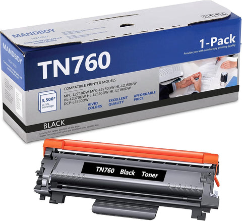 MANDBOY TN760 1-Pack High Yield Black Toner Cartridge Compatible TN 760 Toner 3,500 Page Yield Replacement for BrotherHL-L2350DW HL-L2395DW HL-L2390DW HL-L2370DW Printer 1 Pack TN-760