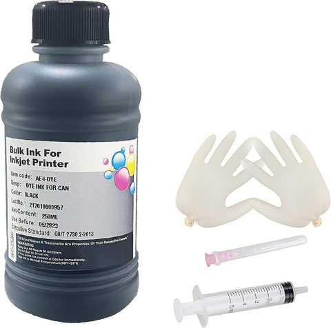 AYMSous Replacement for Canon Black Ink Refill Ink Kit Dye Ink 250ml for Canon Inkjet Printers Refillable Cartridge CISS CIS System (9 oz) with Syringe & Glove