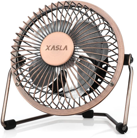 xasla 4 Inch Small USB Desk Fan, Mini Quiet Fan with Metal Construction & Strong Airflow & 360°Adjustable Tilt Angle, Personal Cooling Fan for Desktop Office (Bronze)