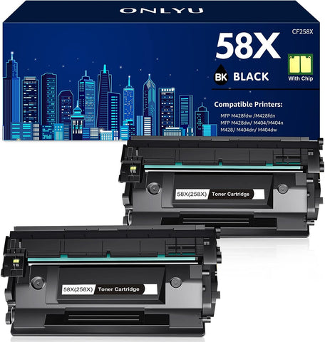 ONLYU (with Chip) Compatible Toner Cartridge Replacement for 58X CF258X 58A CF258A for Laserjet Pro M404n M404dn M404dw MFP M428fdw M428fdn Toner Printer (High Yield, Black, 2-Pack)