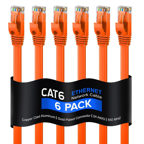 Cat 6 Ethernet Cable 10 ft - with a Flat, Space-Saving Design High-Speed Internet & Network LAN Patch Cable, RJ45 Connectors - [10ft / Orange / 6 Pack] - Perfect for Gaming, Streaming, and More!