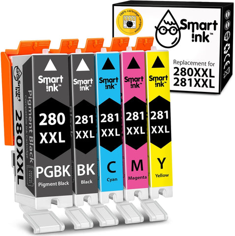 Smart Ink Compatible Ink Cartridges Replacement for Canon 281 280 PGI-280XXL CLI-281XXL (5 Combo Pack) to use with Canon Printers Pixma TR8520 TS9120 TS6120 TR8620 TR8620a TS6320 TR7520 PGBK/BK/C/M/Y