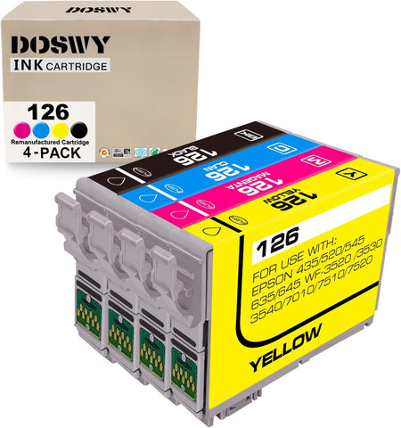 Doswy 4 Pack T126 Remanufacture Ink Cartridge Replacement for Epson 126 T126 for Workforce 435 520 545 635 645 845 WF-3520 WF-3530 WF-3540 WF-7010 WF-7510 WF-7520 (1 Black 1 Cyan 1 Magenta 1 Yellow)