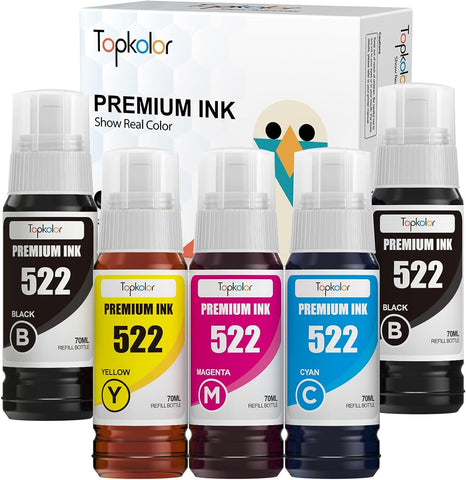 Topkolor Compatible Ink Bottle for 522 T522 Refill Ink for ET-2720 ET-2800 ET-2803 ET-2710 ET-4700 ET-4800 ET-1110, 5-Pack