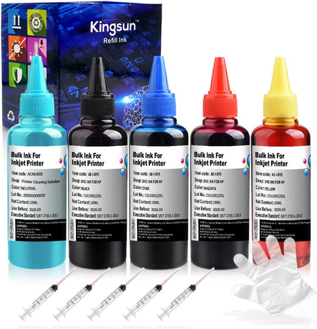 KSUMEI Refill Ink Kit Compatible HP Ink Cartridge Printhead Cleaning 952 902 951 950 933 63 62 61 60 901 932 21 22 920 940 934 564 711 970 971 94 95 96 with Syringes (100ML×5)