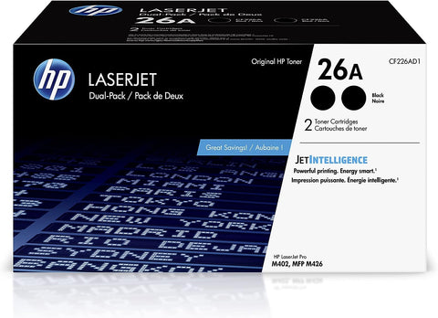 HP Original 26A Black Toner Cartridges (2-Pack) | Works Laserjet Pro M402 Series, Laserjet Pro MFP M426 Series | CF226AD1, 14.25 x 8.03 x 7.8