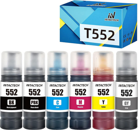 Intactech T552 Compatible Refill Ink Bottle Replacement for Epson 552 High Capacity Bottle Ink Work for EcoTank Photo ET-8550 ET-8500 Printer (Multi-Pack, 70ML *6)