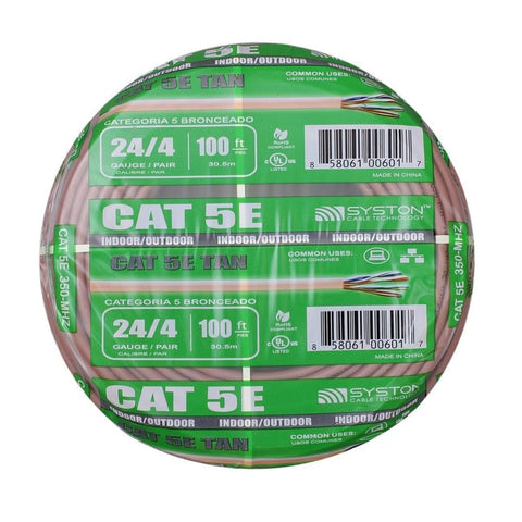 Syston Cable Technology Cat 5e Ethernet Network Cable?350MHz 24AWG Solid Bare Copper Wire Outdoor/Indoor, Bulk No Ends 10 Ft to 1000 Ft Available, Heat Resistant Riser Rated - CMR