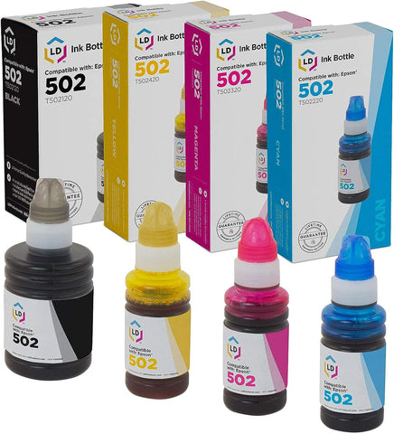 LD Products Compatible Ink Bottle Replacement for Epson 502 (4 Set - Black, Cyan, Magenta, Yellow) Compatible with Epson ET Series, Epson Expression and Epson Workforce