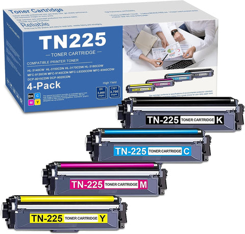 TN225 High Yield Toner Cartridge 4 Pack, TN225BK TN225C TN225M TN225Y Replacement for Brother TN225 Toner Cartridge Set MFC-9130CW MFC-9340CDW MFC-9330CDW HL-3170CDW HL-3140CW Printer, TN225-4P BCMY