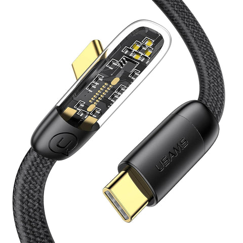 100W USB C to USB C Cable, 90 Degree 5A PD Translucent Cable, 4ft QC3.0 Super Fast Charging Type-C Phone Nylon Braided Charger Cord 480Mbps Data, Compatible with Most Mobile Phones Black
