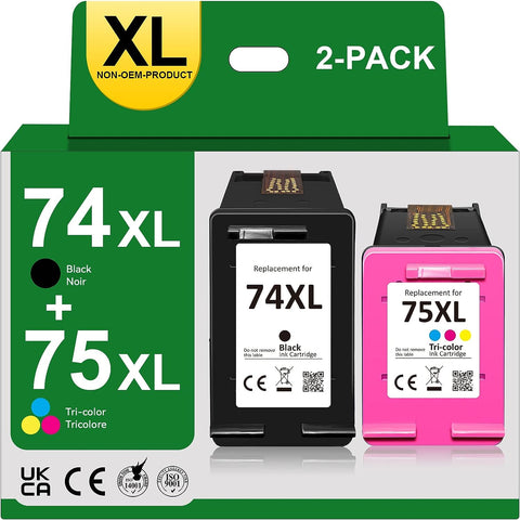 Printer Ink 74 75 Replacement for HP 74 75 Ink Cartridges Combo Pack Fit for HP PhotoSmart C4280 C5280 C4480 C4250 DeskJet D4360 D4260 OfficeJet J5780 Printers (1 Black & 1 Color, 2-Pack)