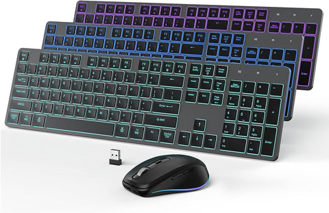 POWZAN Wireless Keyboard and Mouse, Rechargeable Wireless Keyboard Mouse Combo, Jiggle Mouse Slim Full Size Silent 7 Color Backlit 2.4G USB Keyboard for Windows, Mac Desktop/Laptop/PC, Gray