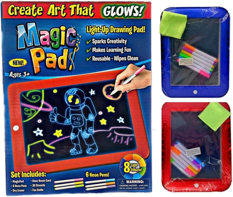 waheed LED Drawing Tablet,Magic Pad , Includes Smooth Fun Guide. Glow Boost , 6Double Sided Markets, 42 Stencils, Dry Erasers., Blue, 10.3*7.8*0.8