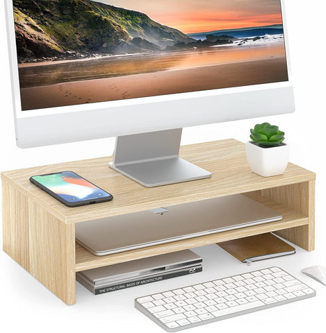 FITUEYES Monitor Stand - 2 Tier Computer Monitor Riser with 16.7 Inch Shelf, Wood Desktop Stand for Laptop Computer Screen, Desk Organization, Office Supplies