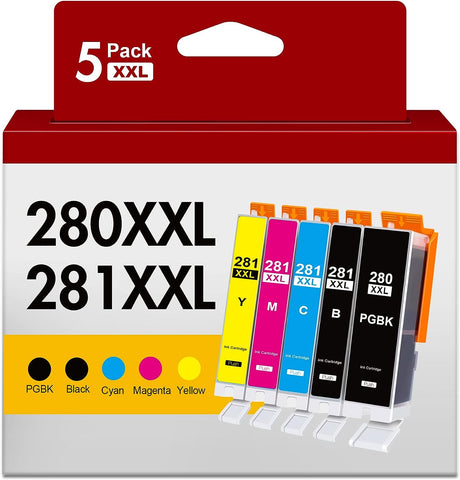 PGI-280XXL/CLI-281XXL Compatible Ink Cartridge Replacement for Canon Ink 280 and 281 Cartridge High Yield Use to PIXMA TS9120 TS6220 TR8500 TR8520 TR7520 TR8600 TR8620 TS6120 (5 Value Pack)