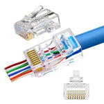 RJ45 Cat5e Cat5 Pass Through Connectors Gold Plated 8P8C Plugs UTP Network Unshielded Ends for 26AWG Twisted Pair Solid Wire & Standard Cables (100)