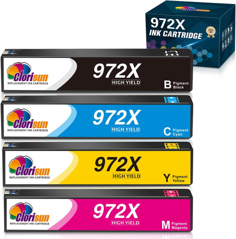 Clorisun 972X 972 Upgraded Ink Cartridge Replacement for HP 972X 972 972A PageWide Pro 477DW 577DW 377DW 452DW 477DN 452DN 552DW Printer(Black Cyan Magenta Yellow 4-Pack)