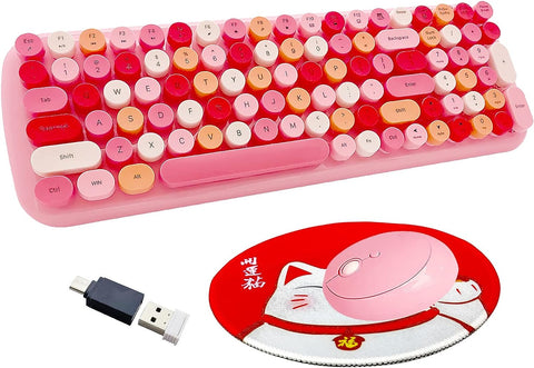 Wireless Keyboard and Mouse Combo, Pink Cute Keyboard, Seaciyan 2.4G USB Ergonomic Retro Typewriter Keyboard with Number Pad for Computer, Laptop, Tablet, PC, Mac