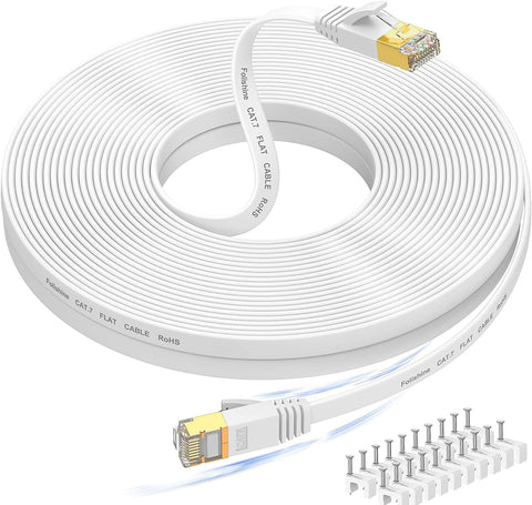 Cat 7 Ethernet Cable 100 ft High Speed, Flat Internet Network LAN Wire, Long Shielded Patch Cord for Modem, Switch, Router, Xbox, Faster Than Cat5e/Cat5/Cat6/Cat6e, – 100 feet, Free Cable Clips