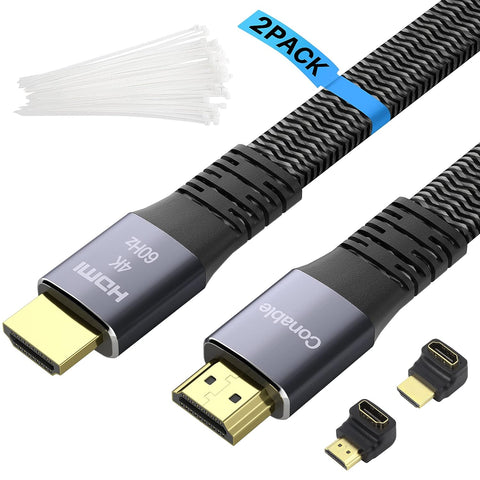 Flat HDMI Cable (2 Pack, 15FT+ 15FT), 4K HDMI High Speed Braided Cord, Pure Copper, Supports 4K@60Hz 2160p 1080p HDR HDCP 2.2 ARC Full 3D (with 25 Ties and 2 HDMI Adapters)- 15 Feet-2 Pack